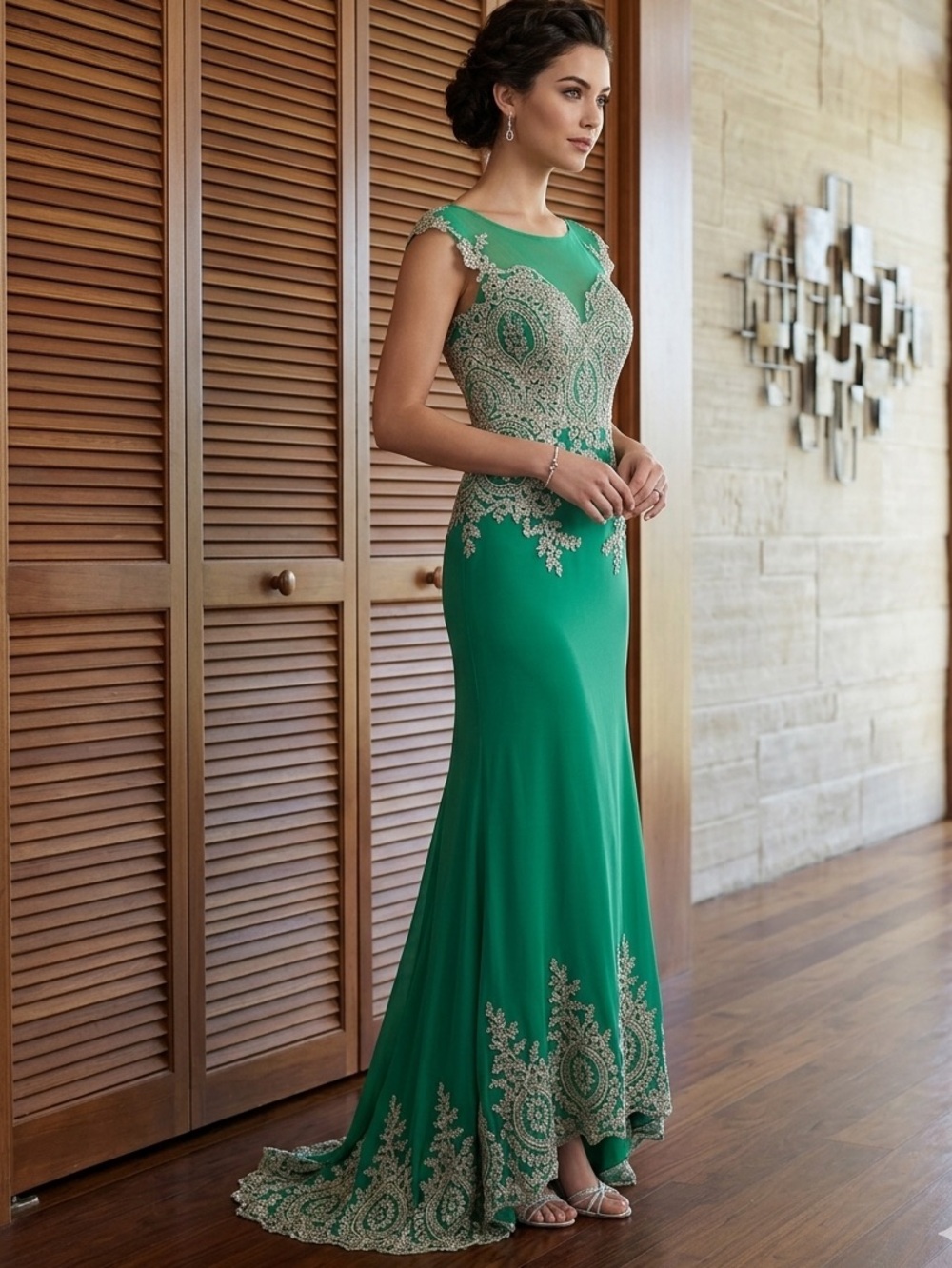 Abby Paris Bejeweled Green & Gold Beaded Formal Evening‎ Gown Size 12